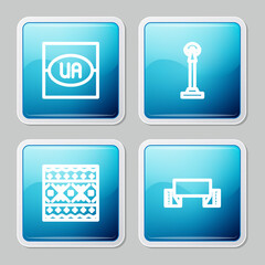 Set line Flag of Ukraine, Monument Independence, Ukrainian ethnic pattern and Embroidered towel icon. Vector