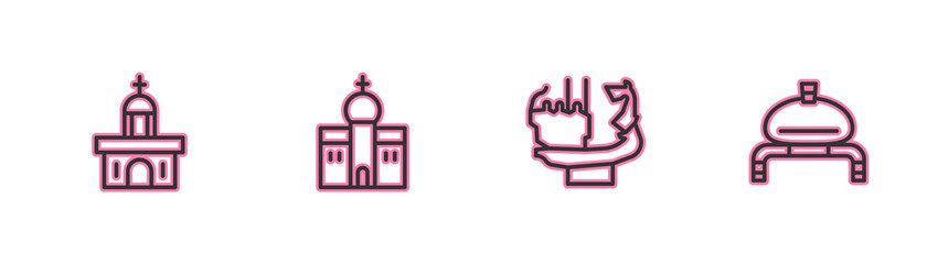 Set line Church building, Monument to founders of Kiev, and Bread and salt icon. Vector