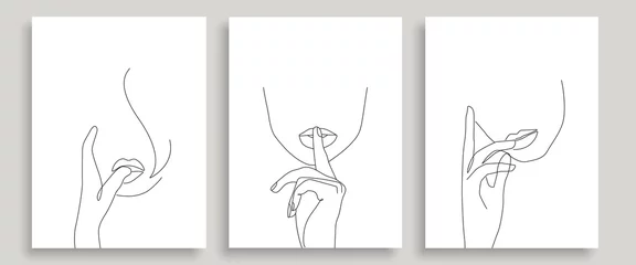 Foto op Plexiglas Een lijn Trendy Line Art Vrouwen Gezichten Prints Set. Minimalistische lijntekening van vrouwelijk hoofd. Vrouwen gezichten continu één lijn abstracte tekening. Modern Boho en Boheems Design. Vectorillustratie.