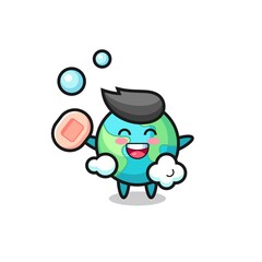 earth character is bathing while holding soap