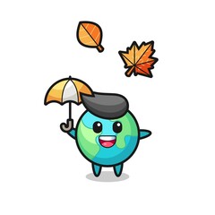 cartoon of the cute earth holding an umbrella in autumn