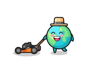illustration of the earth character using lawn mower