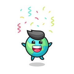happy earth mascot jumping for congratulation with colour confetti