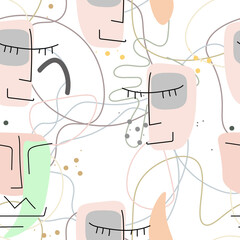 Woman Face line. Abstract drawing seamless pattern