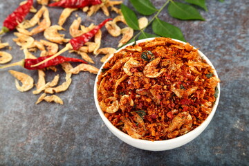 Fresh dried fish, prawns, shrimp chutney.