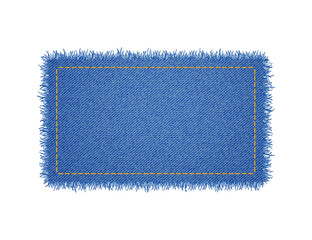 Denim rectangle shape with stitches. Torn jean patchwith seam. Vector realistic illustration on white background.