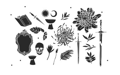 Hand drawn vector abstract stock flat graphic illustrations mystic icons collection set with logo elements,magic sacred boho moon,stars,sun,flowers and leaves silhouettes isolated on white background