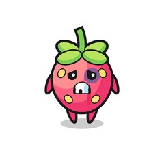 injured strawberry character with a bruised face