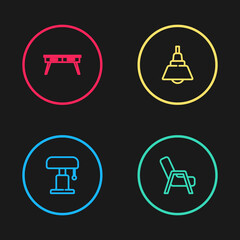 Set line Table lamp, Armchair, Chandelier and Office desk icon. Vector