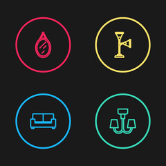 Set line Sofa, Chandelier, Floor lamp and Mirror icon. Vector