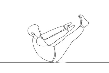 man doing abdominal exercise, shape corner - one line drawing vector. V-twist workout concept