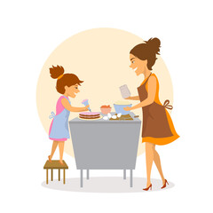 mother and daughter baking together cakes in the kitchen at home isolated cute cartoon vector illustration scene