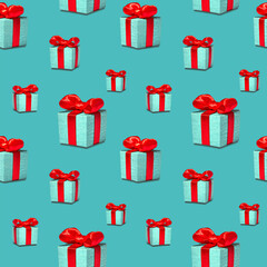 Gift boxes on bright background. Seamless pattern, holiday concept. Festive background. Flat lay.
