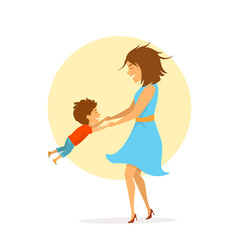 mom and son playing together, having fun, cute cartoon isolated vector illustration mothers day scene