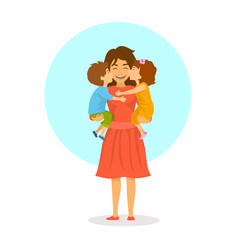 children boy and girl, daughter and son kissing hugging their mom, happy mothers day isolated cute cartoon vector illustration scene