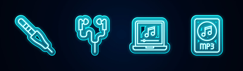 Set line Audio jack, Air headphones, Laptop with music note and MP3 file document. Glowing neon icon. Vector