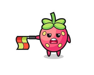 strawberry character as line judge hold the flag straight horizontally