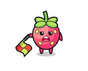 strawberry character as line judge hold the flag down at a 45 degree angle