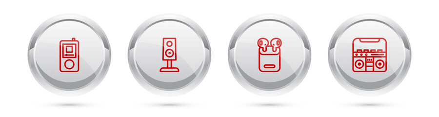 Set line Music player, Stereo speaker, Air headphones in box and Home stereo with speakers. Silver circle button. Vector