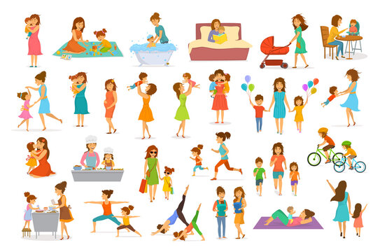 cute cartoon mother and children isolated vector scenes set, mom with daughter son kids baby cook, bake, play ride bike, make exercise sport run yoga dance hug kiss walk, shopping, read book