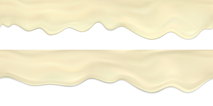 Vector set seamless border of realistic flowing down waves and drops of mayonnaise.Realistic vector collection dripping cream or sauce seamless horizontal texture.Texture for packaging design of
