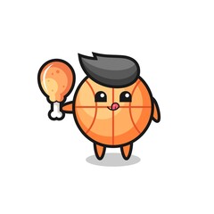 Obraz premium basketball cute mascot is eating a fried chicken