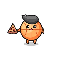 cute basketball cartoon eating pizza