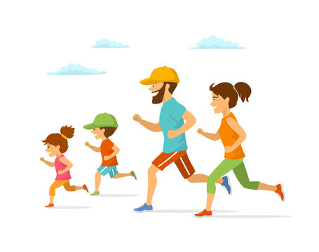 cute cheerful cartoon family running jogging together isolated vector illustration outdoor exercising isolated scene