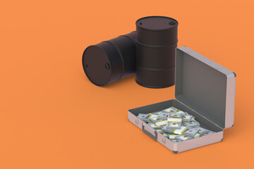 Suitcase full of money near barrels. Investing in oil industry. Cost, profitability of energy resource extraction. Payment for petroleum products. Export, import of fuels and lubricants. 3d render