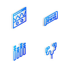Set Isometric line Music synthesizer, Oscilloscope, equalizer and Air headphones icon. Vector