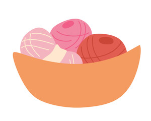 Basket with multi-colored balls of yarn. Skein of wool. Wicker Basket Full of Knitting Materials. Needlework, tools for sewing and knitting collection. Isolated vector illustration flat design.