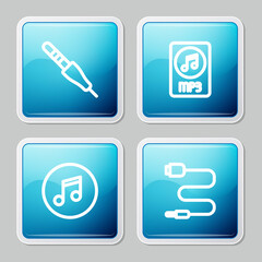 Set line Audio jack, MP3 file document, Music note, tone and icon. Vector