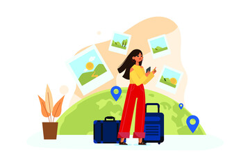 Lady With Luggage And Holding A List Of Travel Place