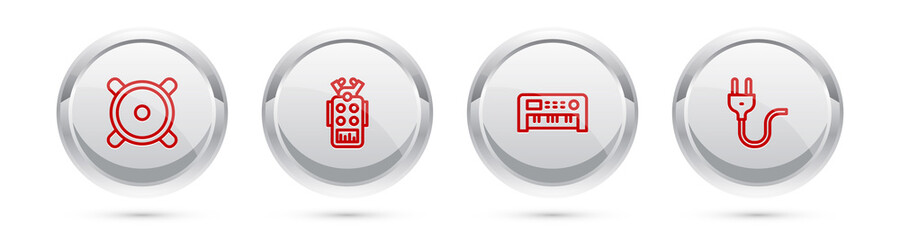 Set line Stereo speaker, Microphone, Music synthesizer and Electric plug. Silver circle button. Vector