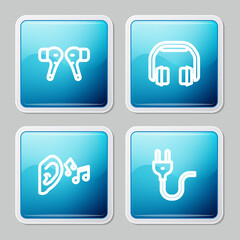Set line Air headphones, Headphones, Ear listen sound signal and Electric plug icon. Vector