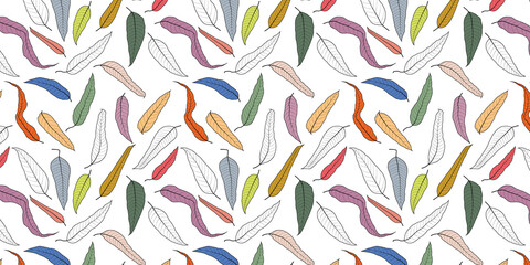 Autumn vintage leaf colorful line art seamless pattern background. Greate for textile print, fabric, wallpaper, giftwrap or packaging, scrapbooking and bookcover. Surface pattern design.