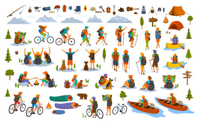 hiking trekking people. young man woman couple hikers travel outdoors with mountain bikes kayaks camping, search locations on map, sightseeing discover nature graphic, isolated vector scenes set - obrazy, fototapety, plakaty