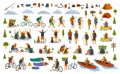 Foto op Plexiglas hiking trekking people. young man woman couple hikers travel outdoors with mountain bikes kayaks camping, search locations on map, sightseeing discover nature graphic, isolated vector scenes set © VecTerrain