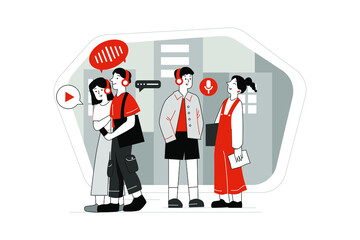 People listen to podcasts while walking on the street.