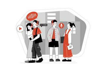 People listen to podcasts while walking on the street.