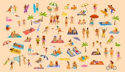 Afwasbaar Fotobehang Eenhoorns people on the beach fun graphic. man woman, couples kids, young and old enjoy summer vacation,relax,chill have fun, surfing, play dance lying on towels sun chairs sand, eat ice drink cocktails set