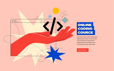 Online programing or coding or mobile app or website development course  banner design concept with hand coming out of browser silhouette and holding code in trendy bright colors. Vector illustration - obrazy, fototapety, plakaty