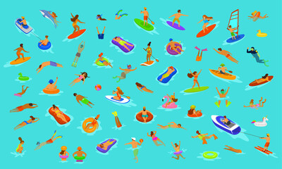 people man and woman, girls and boys swimming in floats mattress, diving into sea, water, pool or ocean. Summer beach vacations scenes constructor with fun cartoon humans collection 
