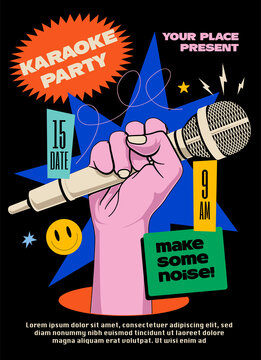 Karaoke party poster or flyer or banner design template with raised hand holding microphone and bright colored elements on black background. Vector illustration