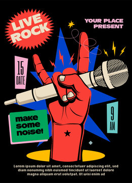 Live rock music show or concert or festival poster or flyer or banner design template with red raised hand with microphone showing devil horns gesture on black background. Vector illustration