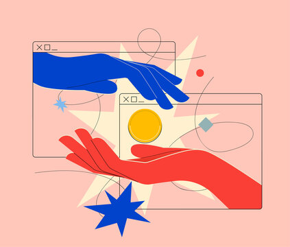 Online payment on online money or cryptocurrency transfer or currency exchange concept with two hands coming out of browser pass each other a golden coin. Minimalistic vector illustration