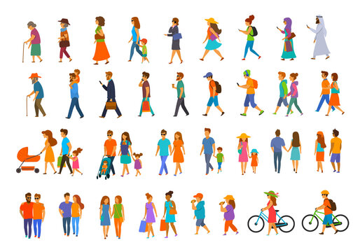 graphic collection of people walking.family couples,parents, man and woman different age generation walk with bikes,smartphones, coffee,eat,texting,talking, side back and front views isolated vector 