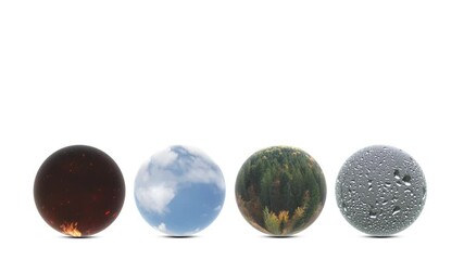 Fire, air, earth and water four elements spheres isolated on white animation background with copy space.