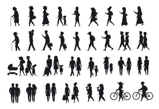sihlouettes set of people walking.family couples,parents, man and woman different age generation walk with bikes,smartphones, coffee,eat,texting,talking, side back and front views isolated vector 