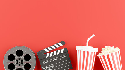 3d render of cinema time with reel film,clapper board,drink mug,popcorn